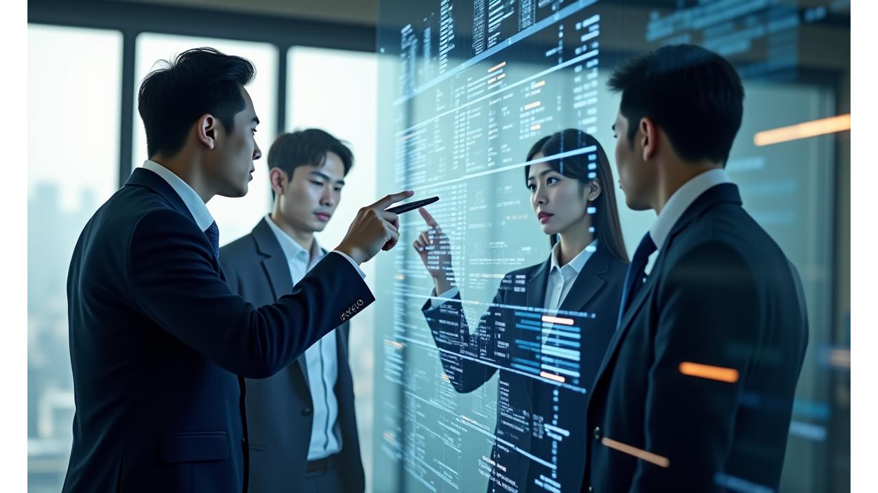 한울캐피탈의 투자은행 전문가들이 복잡한 데이터를 분석하며 회의하는 모습