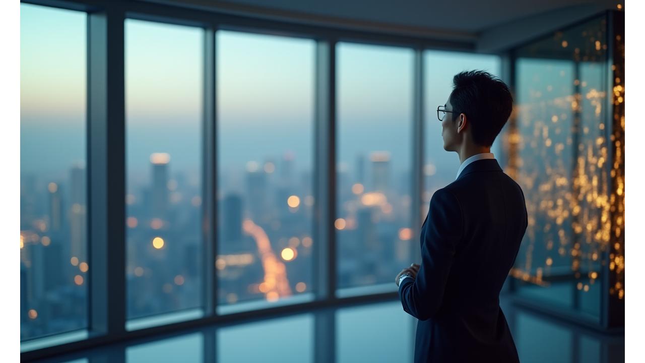 프리미엄 자산관리를 받는 우아한 비즈니스맨과 고층 빌딩 전경